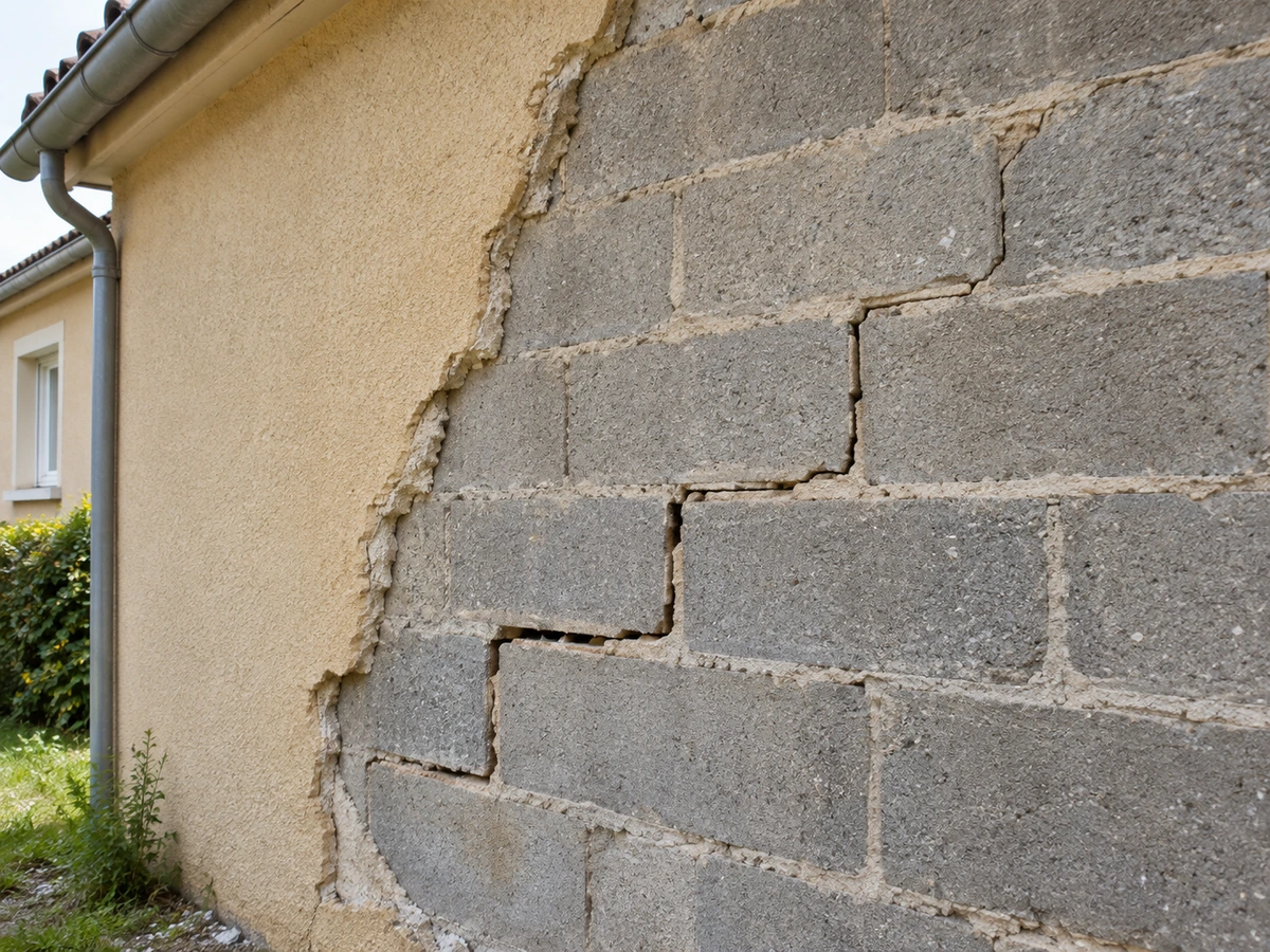 Fissure en escalier qui suit les joints des parpaings : photo