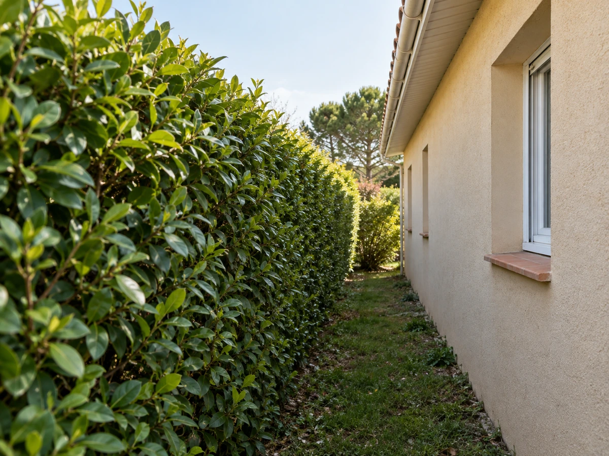 Haie adulte plantée en ligne le long d'un mur : photo