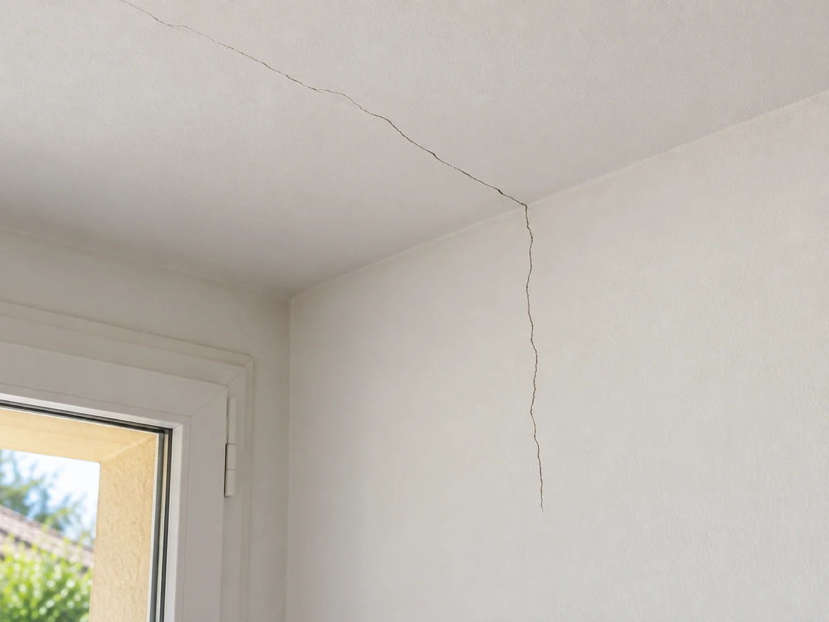 Fissure du plafond qui continue sur le mur : photo